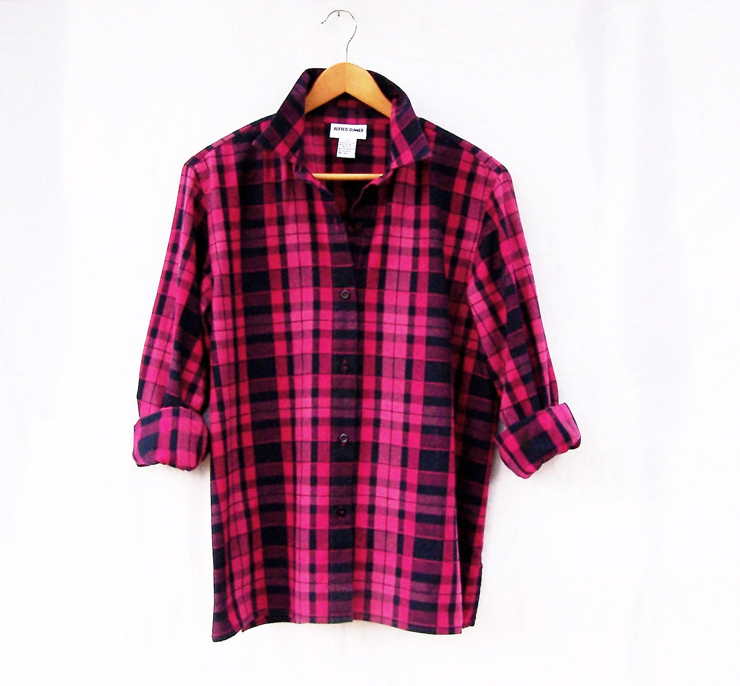 1980s womens plaid shirt long sleeve oxford grunge button down Twin Peaks dark pink fuchsia vintage boyfriend shirt red buffalo plaid madras