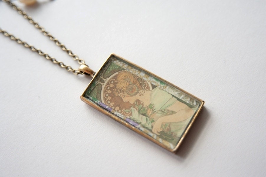 Art Nouveau Necklace -Gorgeous Handmade Resin Pendant Featuring Alphonse Mucha Lady "Luscious Lady"