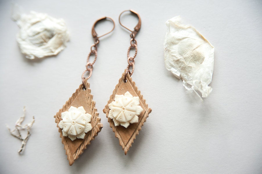 Boho Chic /Geometric Diamond Shaped Earrings/ vintage hand carved sandalwood and bone pieces/ Handmade Jewelry "Indian Beauties"