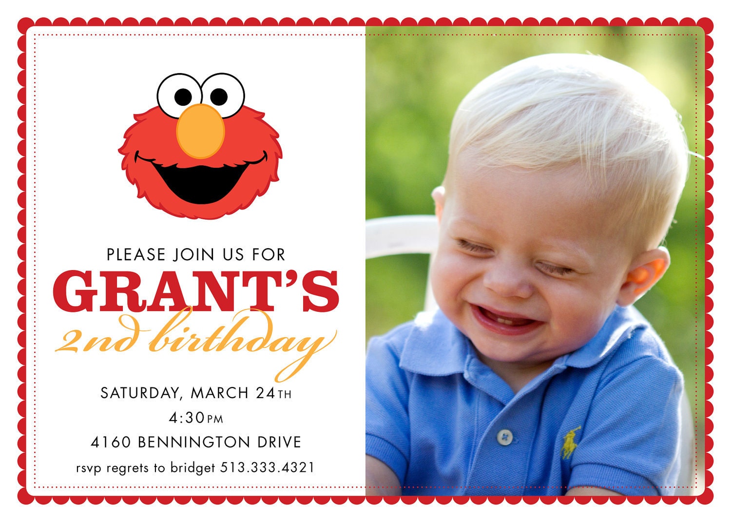 elmo birthday party invitation . custom . with photo