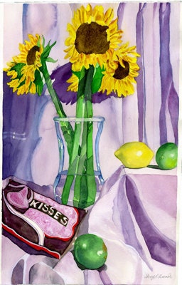 Sunflower Still Life, Chocolates, Kisses, Lemons, Limes, Yellow, Green, Brown, ORIGINAL WATERCOLOR PAINTING 18" x 27" Kitchen Art,