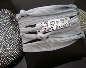SALE D2E adjustable wrap bracelet hand dyed silk ribbon hammered and hand stamped "Just Breathe" aluminum bar