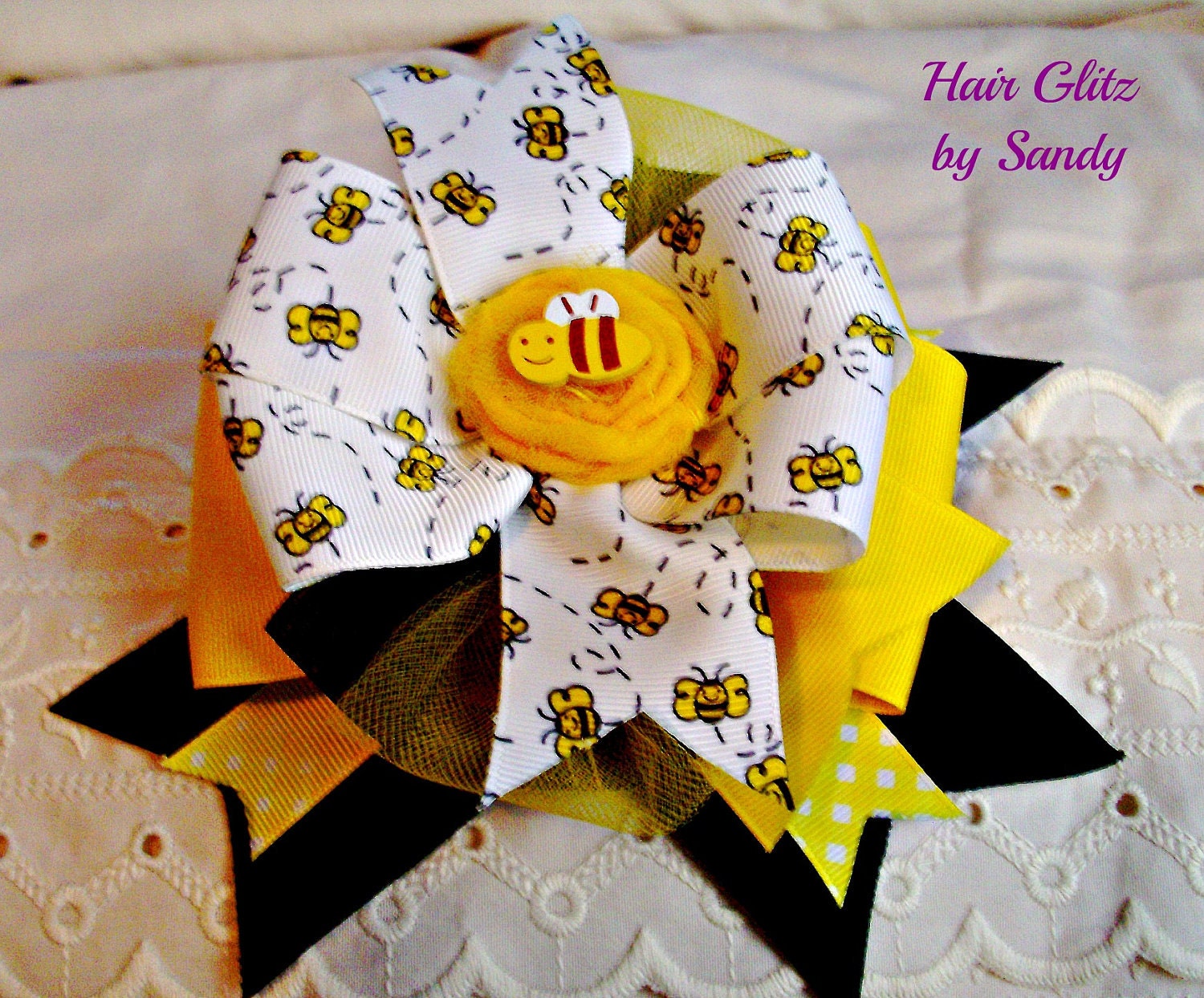 Boutique Hair Bow Clip - Yellow and Black Honeybee - Childrens Hair Bow Clip - Alligator Clip