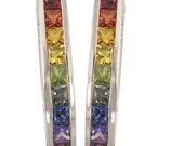 Multicolor Rainbow Sapphire Earrings J Hoop Huggie 14K White Gold (2ct tw) SKU: 1557-14K-Wg