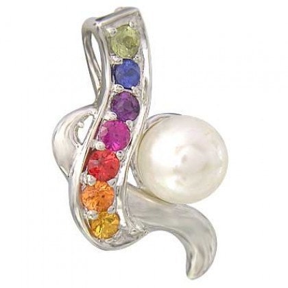 Multicolor Rainbow Sapphire & Pearl Classic Pendant 14K White Gold (1/4ct tw) SKU: 1606-14K-Wg