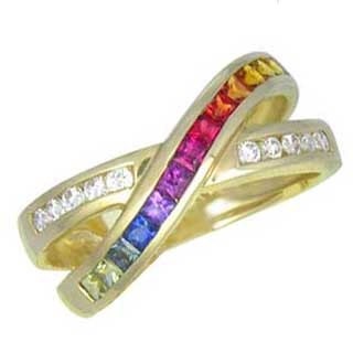 Multicolor Rainbow Sapphire & Diamond Crossover Ring 18K Yellow Gold : sku 398-18k-yg