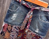 Denim Necktie Skirt Upcycled Silk Neck Tie Jean Skirt Eco Rustic Western Ranch Rodeo Cowgirl Skirt Original OOAK itsyourcountryspirit