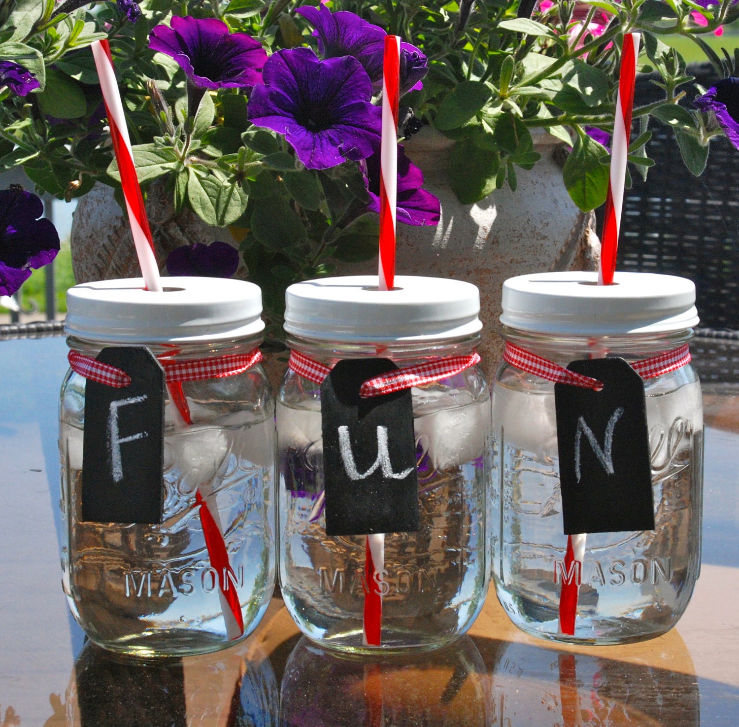 Set of 3 Mason Jar Tumblers with Reusable Straws and Chalkboard Tags