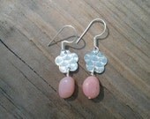 Pink Opals & Silver Etched Metal Flower Dangle Earrings