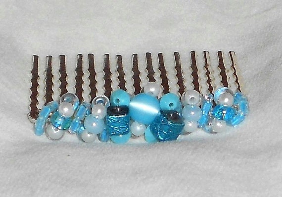 Handmade Blue and White Beaded Hair Comb Bridal Accessory