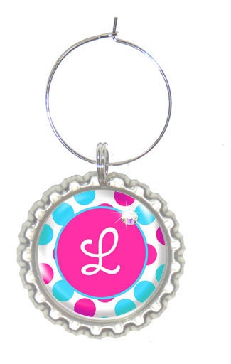 Set of 6 - PERSONALIZED WINE CHARMS - Pink Blue Dots - Swavorski Crystals- Perfect For Bachelorette Party Favors, Wedding Favor, and Gifts