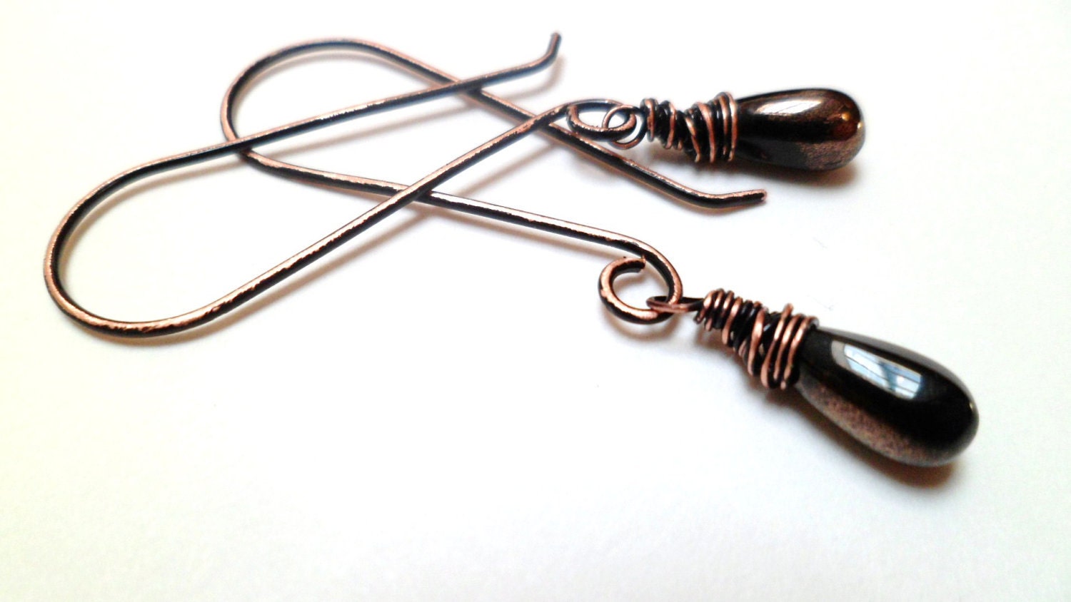 Wire Wrapped Blackened Copper Jewelry, Earrings with Czech Glass Teardrops, Rustic Jewelry, Glamour Girl Jewelry: 'City Girl'
