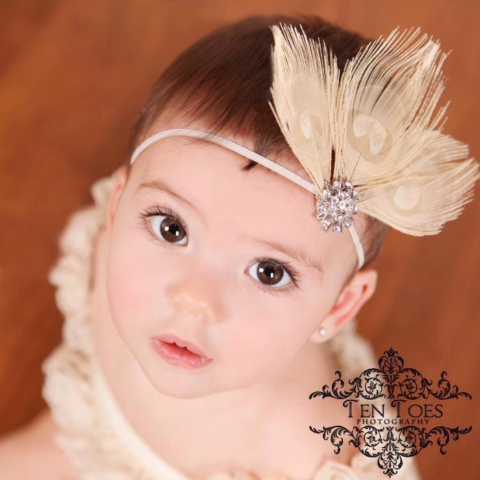 Royal Vintage Feather Crown Headband of Cream Bleached Peacock feathers with Stunning Crystal Detail