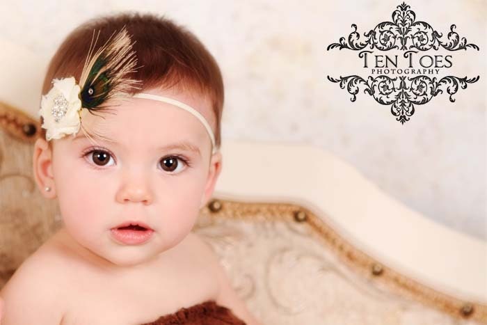 Cream Rose Flower Headband with both bleached and natural Peacock feathers plus Crystals and Pearls