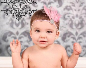Royal Vintage Feather Crown Headband of Pink Peacock feathers with Stunning Crystal Detail