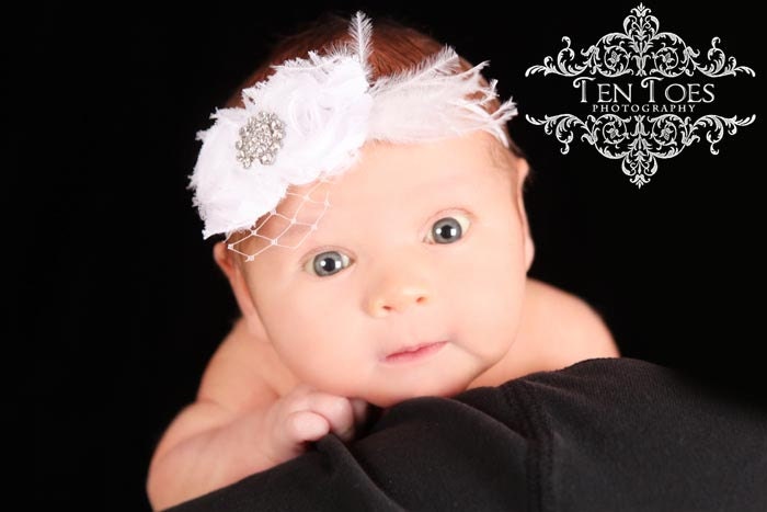Newborn Perfect. Mini Shabby Chic Style Double Pink & Cream Chiffon Rose Flower Headband with Pearl and Crystal detail