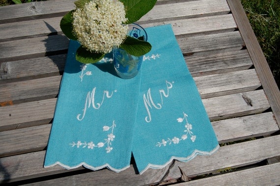 VIntage Mr. and Mrs. Linen  Embroidered Hand Towels
