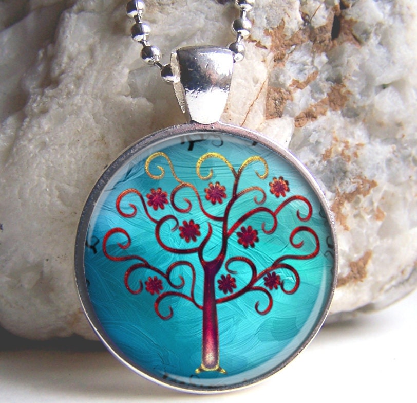 Turquoise Tree Pendant - Whimsical Tree Art Pendant