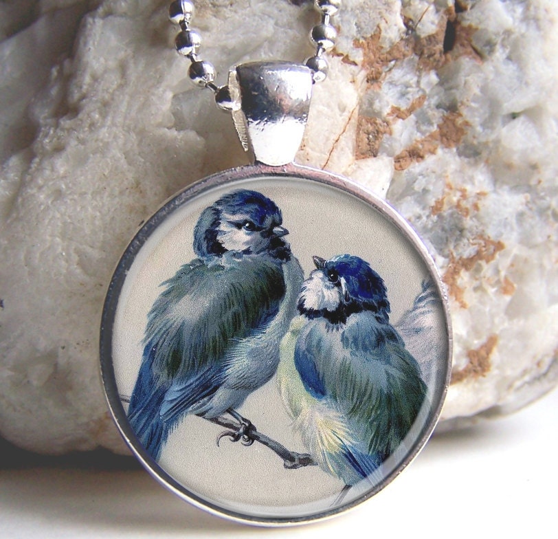 Bird Art Pendant, Vintage Bluebirds, Bird Lovers Silver and Glass Charm Necklace