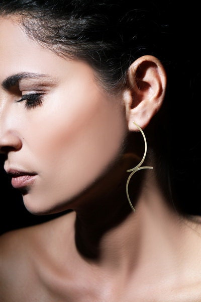 24 Karat Gold Plated Sterling Silver Two Arcs Moon Shape Long Metalwork Geometric Handmade Earrings