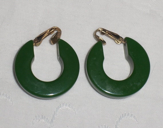 Bakelite Hoop Earrings, Jade Green Bakelite Simichrome Tested Bakelite Jewelry, Vintage Clip On Hoops