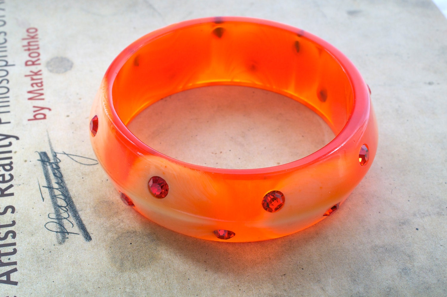 Tangerine Orange Lucite Bangle with Orange Rhinestones 1950s