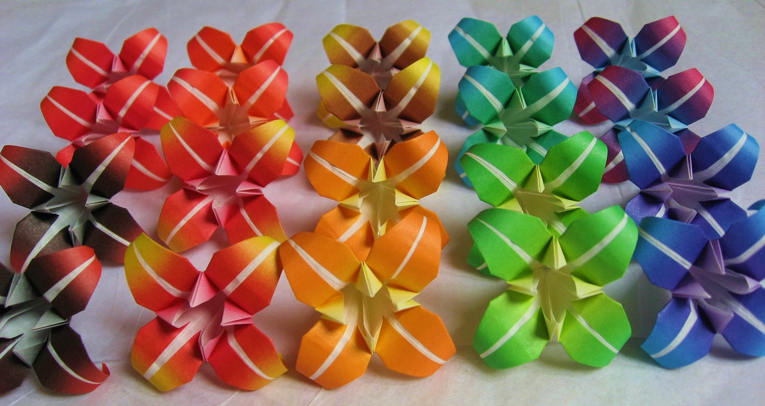 20 Japanese Origami Irises - origami flowers made to order with harmony rainbow paper, flowers for table favors, gifts, party favors -