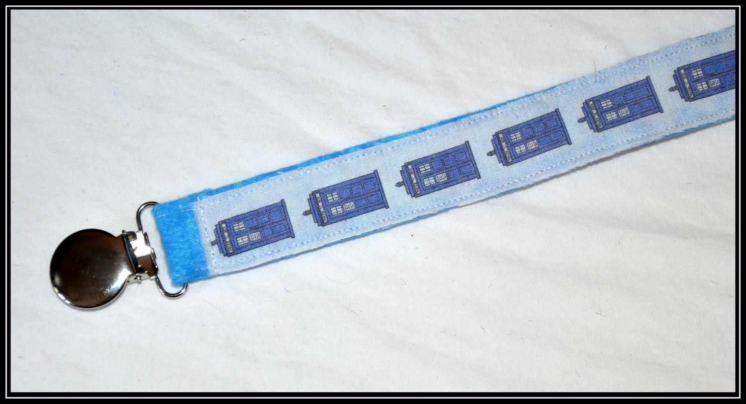 Geek-a-bye Baby Pacifier Clip -- Doctor Who Tardis Inspired Cotton and Flannel Ribbon - Sci-Fi Geek - Handmade, Binky
