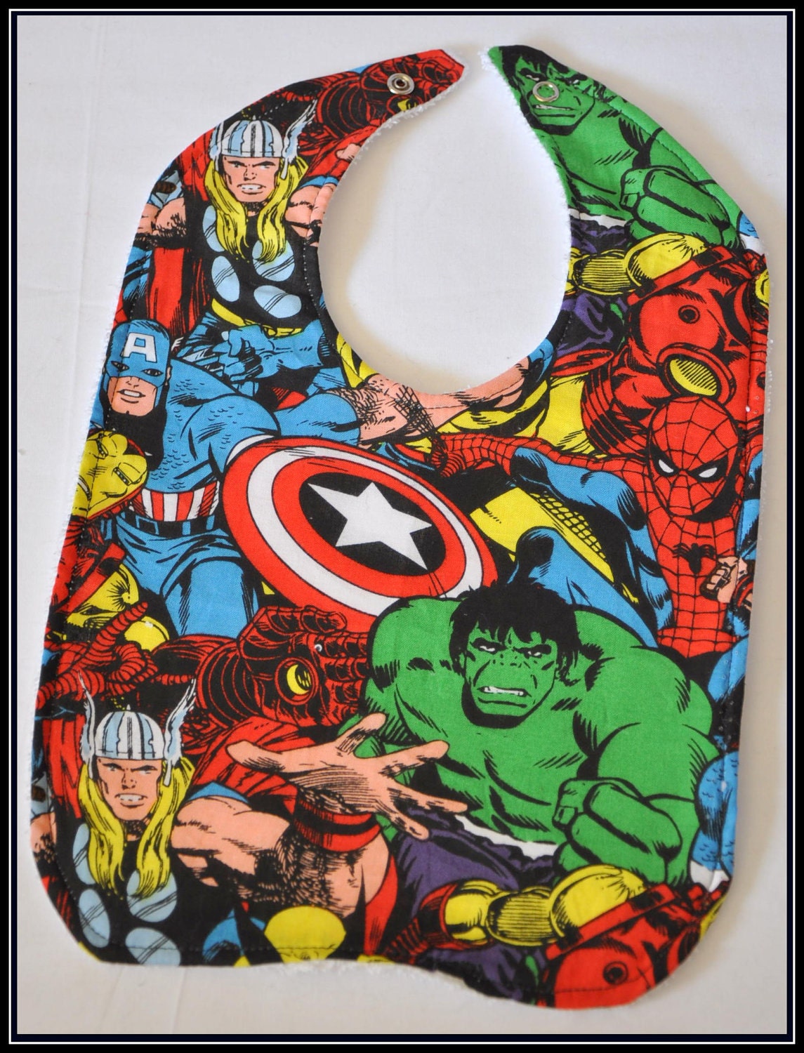 Avengers Cartoon Cotton Bib with White Terry Cloth - Geek-a-bye Baby -- Comic Geek - Handmade