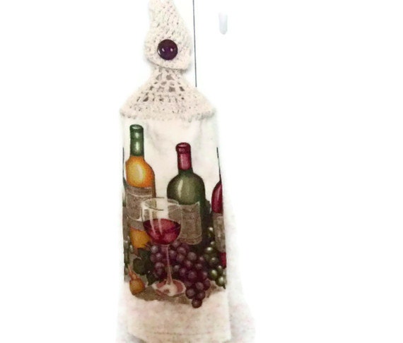 Sale - Wine Bottles - Hanging Kitchen Towel - Crochet Top