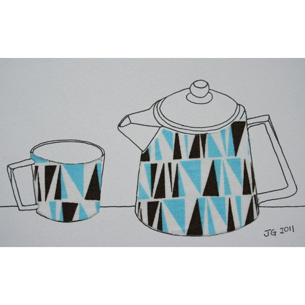 Retro teapot and cup drawing with fabric