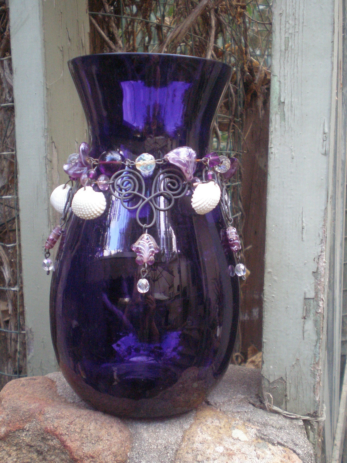 Upcycled Wire Wrapped Amethyst Glass Vase, Purple Glass Vase with India Beads and Shells