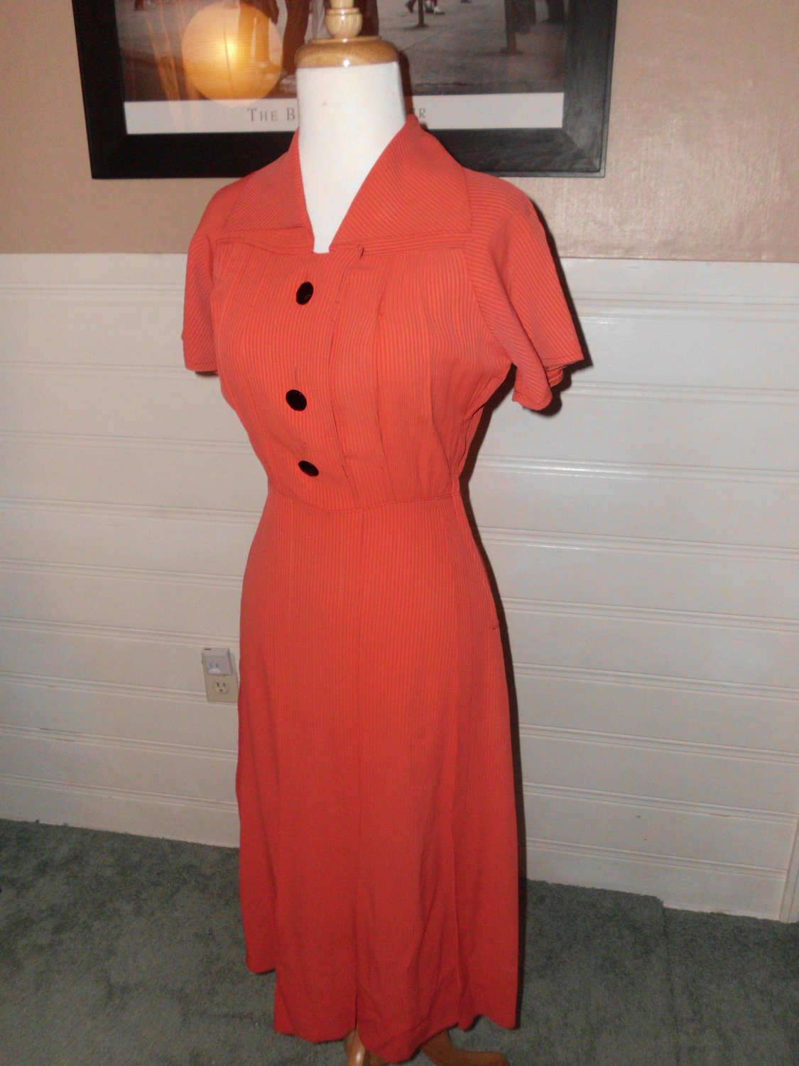 1940's Tomato Red colored Rayon-Pinstripe Dress
