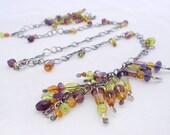 Sterling Silver Scarf Necklace with Glass Beads, Green, Yellow, Orange, Purple, Pink