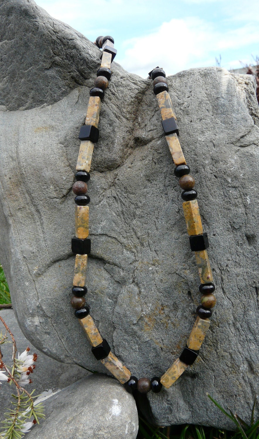 Mens Gemstone Necklace Jasper Onyx Obsidian Free Worldwide Shipping
