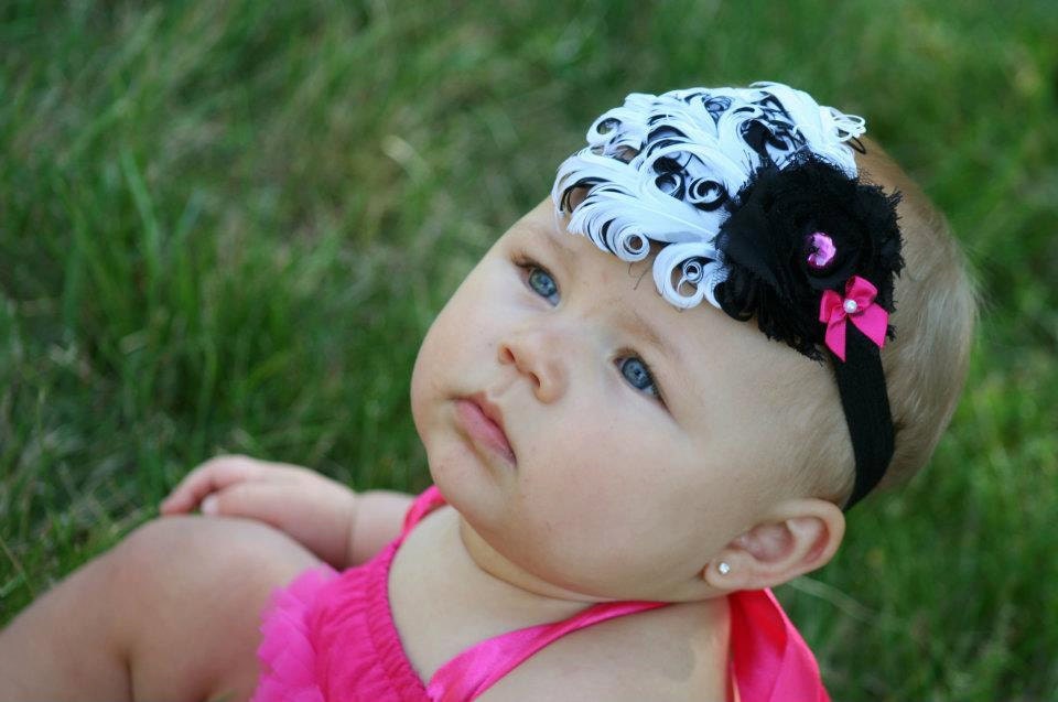 Black, White and Hot Pink Curly Ostrich Feather Headband- Matches Zebra Pettiskirts, Bloomers, Diaper Covers and Petti Rompers
