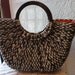 Upcycled Large Cream and Brown Straw Bag with Wood Handles and Beads