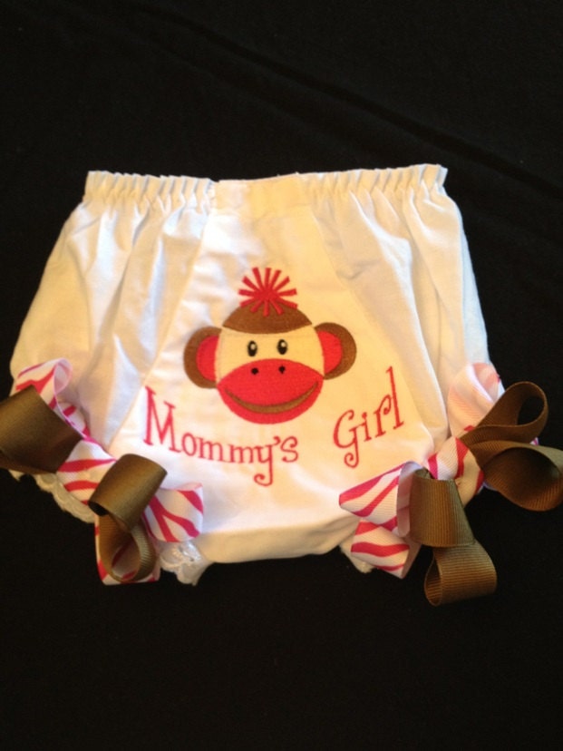 Monmys Girl Sock Monkey Onesie, Bloomers, Crochet Hat and Bow...Bodysuit Diaper Cover for BaBy Girl