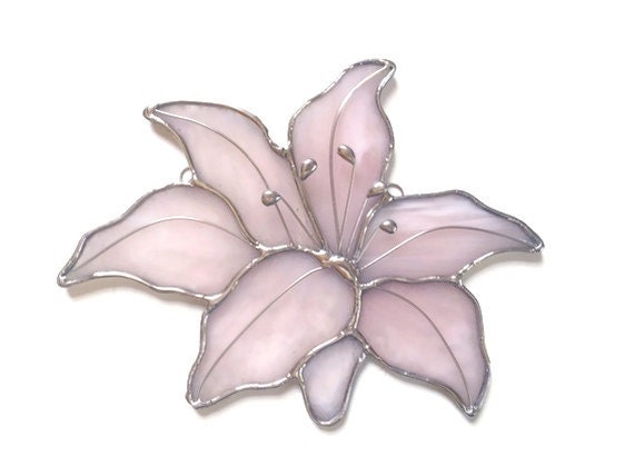 stained glass lily, suncatcher, pink and silver art glass, garden art, window art