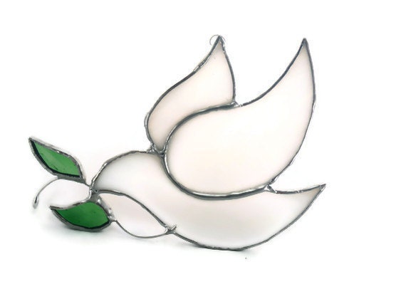 Stained glass suncatcher white dove olive branch handmade