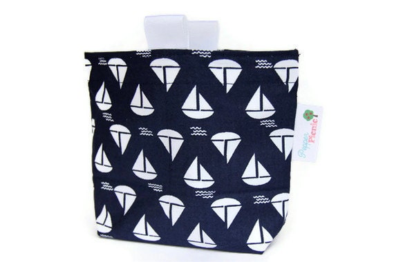Reusable Snack Bag, Eco Friendly, Gusset and Finger Tabs, Nautical, Navy Blue with White Sailboats