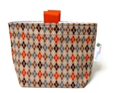 Reusable Snack Bag, Eco Friendly, Gusset and Finger Tabs, Brown and Orange Argyle, Mens or Boys