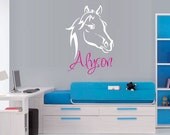 Large Name Vinyl Wall Decal with Horse - Personalized Baby Nursery - Girl Teen Elegant Script Wall Art 32h x 22w