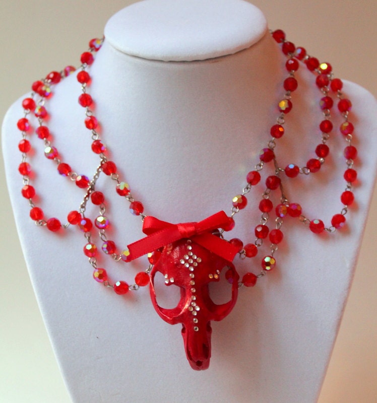 Red Muskrat Skull Necklace with Swarovski Crystals