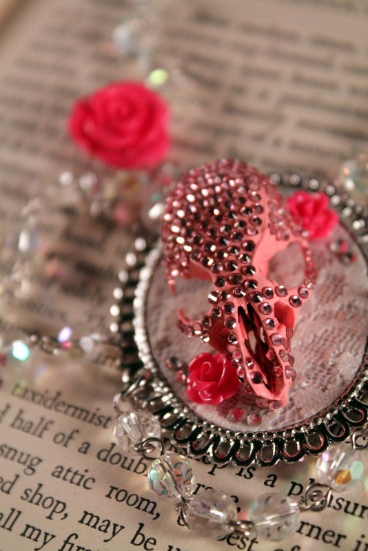 Rat Skull Necklace with Pink Swarovski Crystals