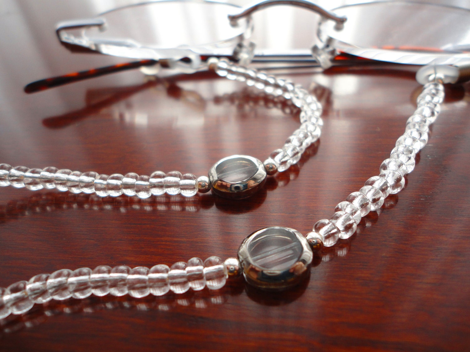 Clear Eyeglass Holder Necklace with Crystal and Pressed Glass Beads