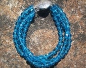 Triple Strand Caribbean Blue Faceted Glass Beaded Bracelet