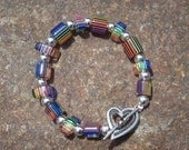 Rainbow Furnace Cane Glass and Silver Beads Bracelet with Silver Toggle Clasp