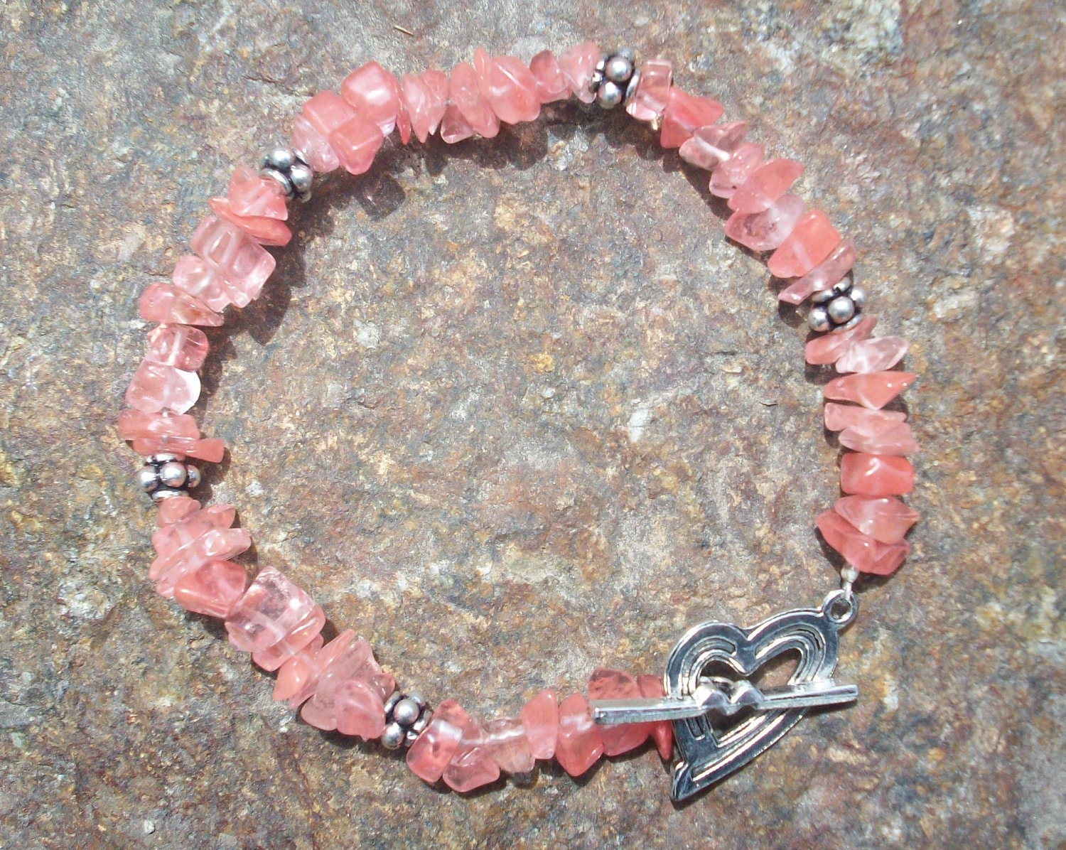 Sweet Strawberry Quartz Chip Bracelet with Silver Heart Toggle Clasp