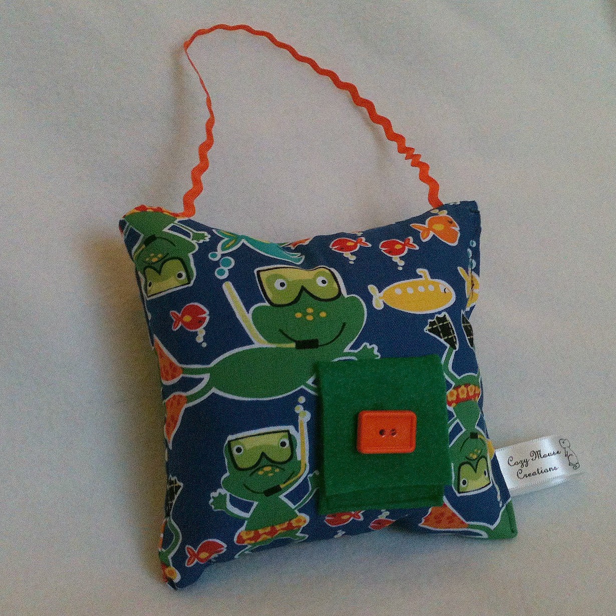 Frogs Tooth Fairy Pillow with Orange Pocket and Orange Button and Door Hanger
